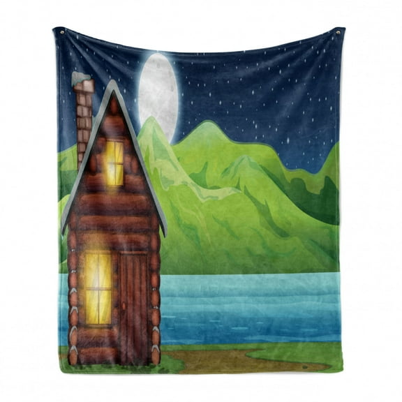Log Cabin Soft Flannel Fleece Throw Blanket, Countryside Theme Image of a Rustic Cabin near Freshwater River at Night, Cozy Plush for Indoor and Outdoor Use, 60" x 80", Multicolor, by Ambesonne