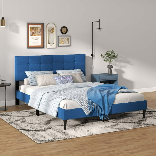 Costway Queen Upholstered Platform Bed Mattress Foundation Button Tufted Headboard Blue