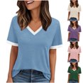 thumbnail image 1 of Ropa de maestra/o,Camiseta holgada informal con cuello en V para mujer, blusa de manga corta con patchwork, poliéster, corte cómodo, uso diario, sopatenor, 1 of 8