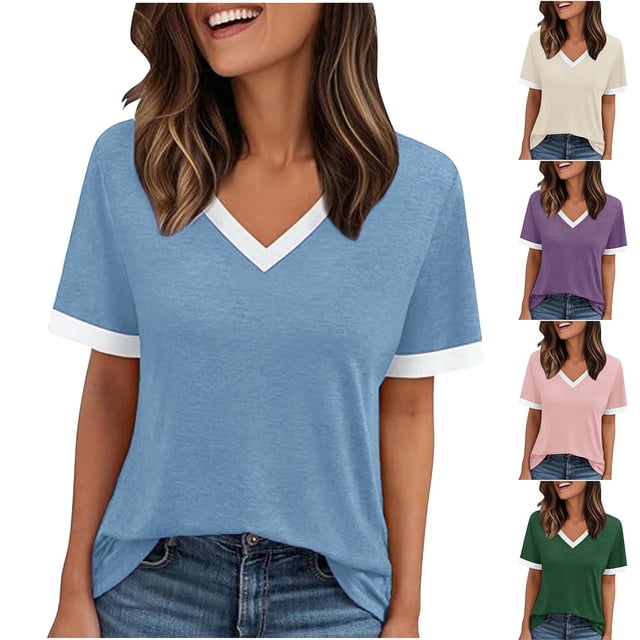 Ropa de maestra/o,Camiseta holgada informal con cuello en V para mujer, blusa de manga corta con patchwork, poliéster, corte cómodo, uso diario, sopatenor