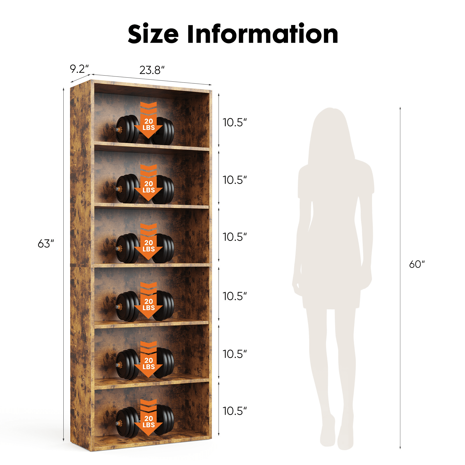 TrumanPick Rust Industrial 6 Shelf Bookcase - Large 63 Inch Tall Floor Standing Open Bookshelf for Home Office, Living Room, and Bedroom Storage