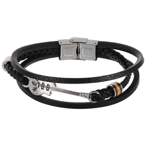 1 pieza de pulsera de punto de cuero PU suave punk a la moda, diseño de guitarra, brazalete multicapa (negro)