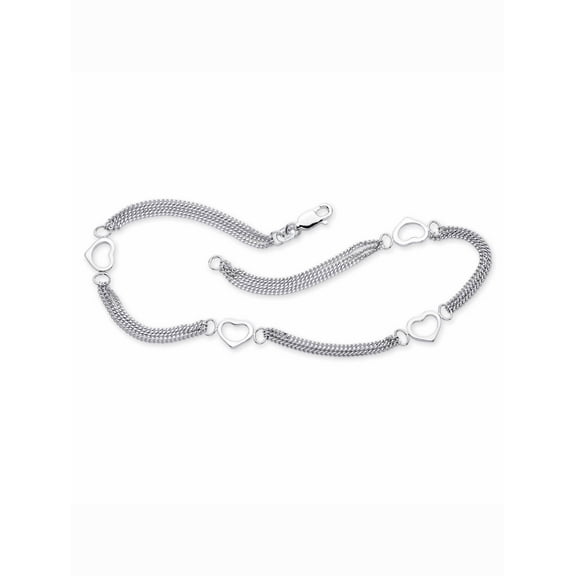 PalmBeach Jewelry Open Heart Station Triple-Strand Ankle Bracelet in Yellow Gold-Plated or Sterling Silver (7.5mm) 10"