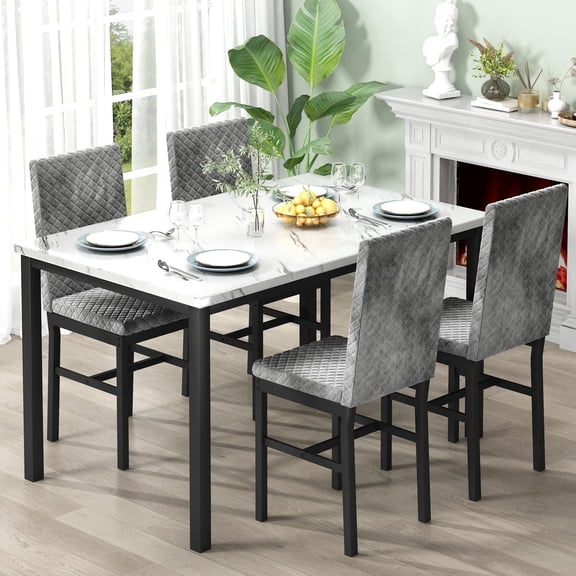 MIERES 4-Piece Dining Set, Compact Dining Table, Marble Kitchen Dining Table with 4 Velvet-Upholstered Chairs, Ideal for Apartments, Dining Rooms, and Small Spaces, Gray