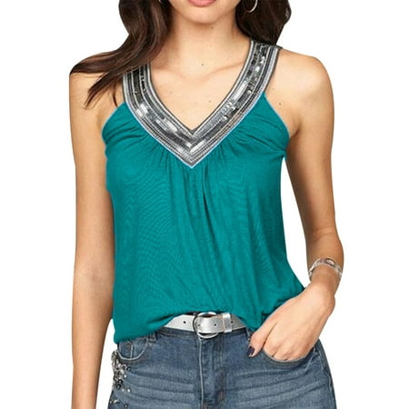 Sequin Tunic Blouse - UKAP Women's Sleeveless Sexy V Neck Summer Sequins Tunic Tank Tops Shirts Blouse