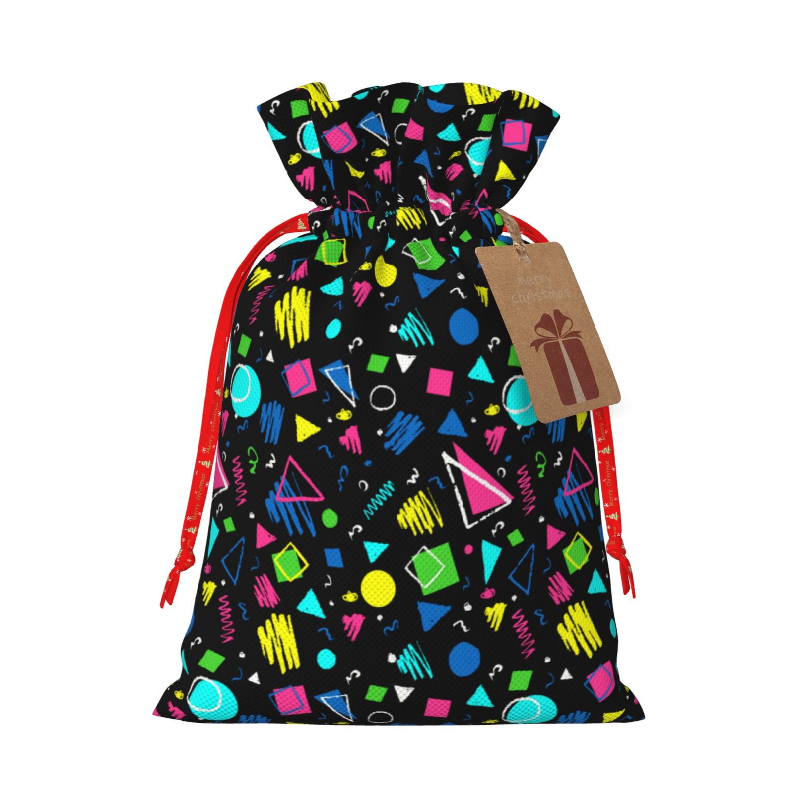 Naloa Geometric 1980s Styled Drawstring Christmas Bags, 3D Xmas Gift Bags, Christmas Wrapping Bags, Xmas Goodie Bags, Treat Pouch Bags, Party Favor Bags-Small