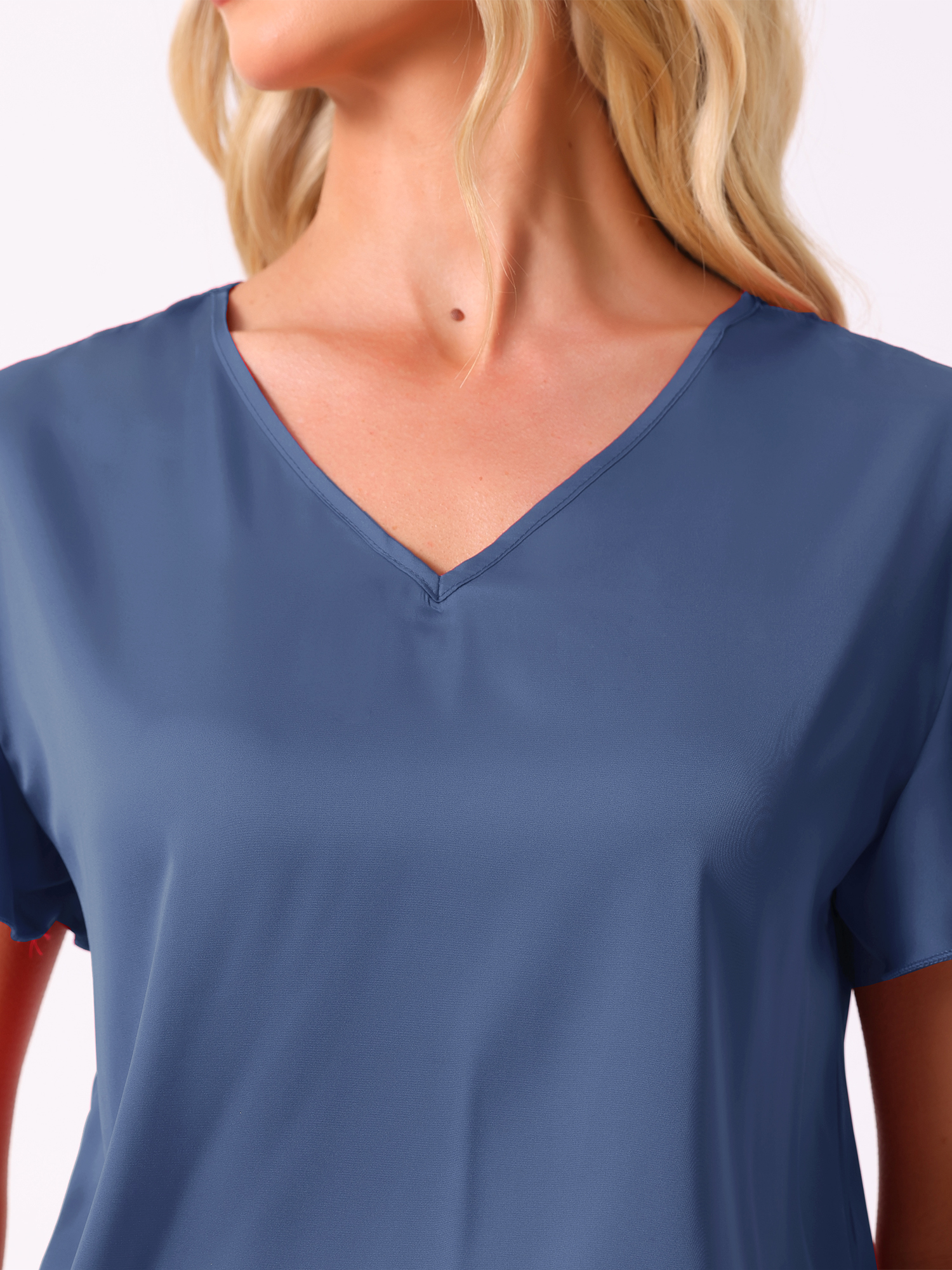 DARING DIVA Silky Satin 2 Pieces Ruffle Top and Long Pants Sleepwear Sets S Blue