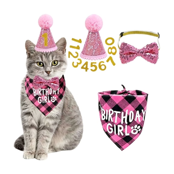 Cat Birthday Hat Scarf 4 Piece Outfit Party Triangular Accessories Cute Pet Clothes Set For Feline Festive Wear