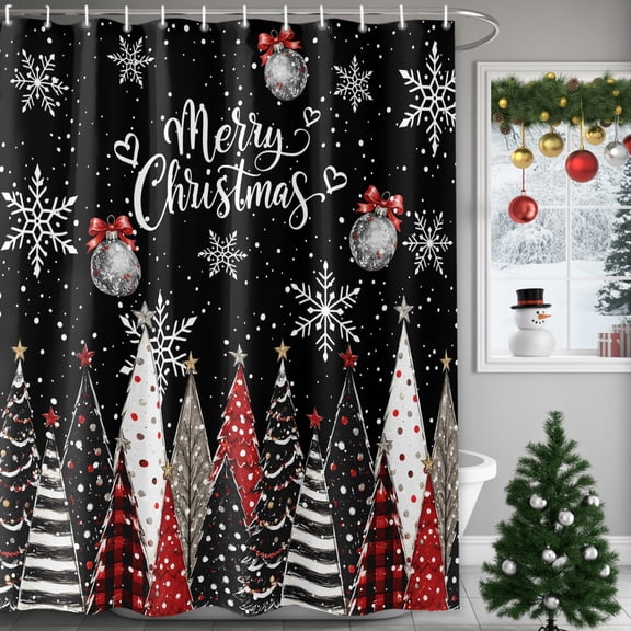 Extra Long Shower Curtain 72x84 Inch, Black Christmas Tree Shower Curtain Waterproof Bathroom Decor, Xmas Trees Snowflake Balls Fabric Bath Curtain Set Accessories with Hooks