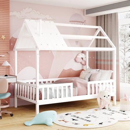 JINS&VICO Twin House Bed  Twin Size House Shaped Low Platfrom Bed Solid Wood Twin Wooden House Bed Frame Playhouse Design with Roof and Fence for Kids  Teens  Adults  Bedroom Furniture  White