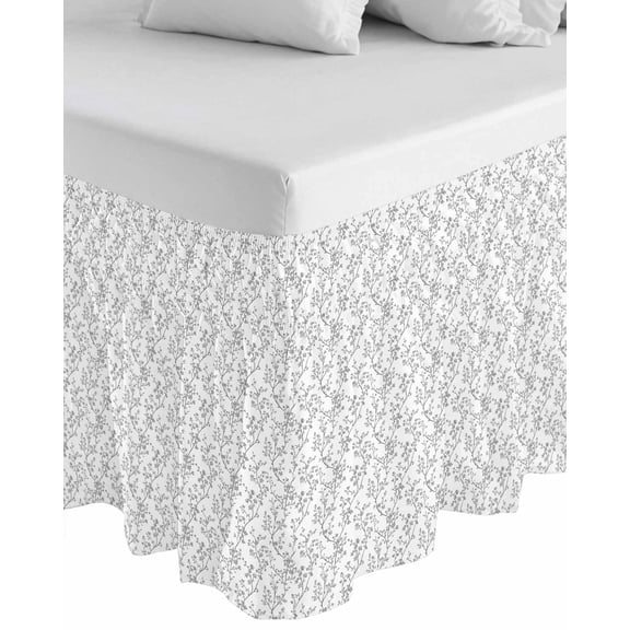 Gray Spring Floral Wrap Around Bed Skirts for King Bed 18" Drop, Bed Skirt with Adjustable Elastic Belt Dust Ruffle Bed Valance for Bedroom Hotel Luxury Summer Botanical Watercolor Bed Frame Cover