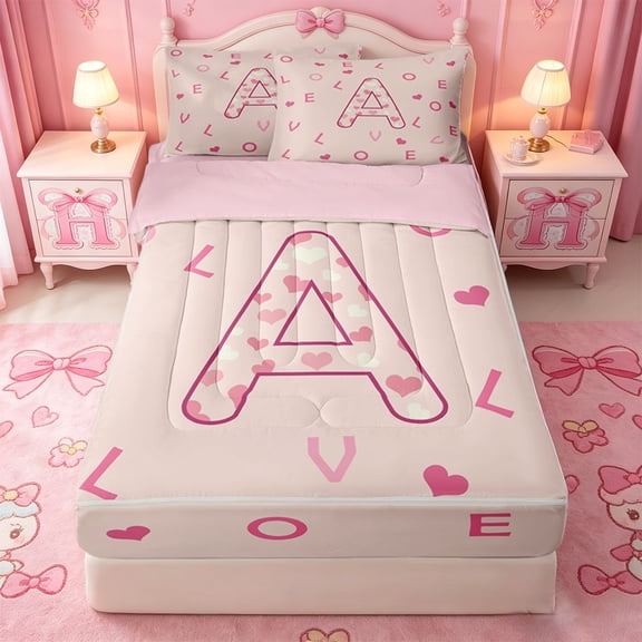 Catabedysis Pink Loves ABC Print A Zipper Twin Comforter Sets with Fitted Sheet and 2 Pillowcases,Personalized Monogrammed Gifts Zipper Bedding Set For Girls,Pink Reversible,4-Piece