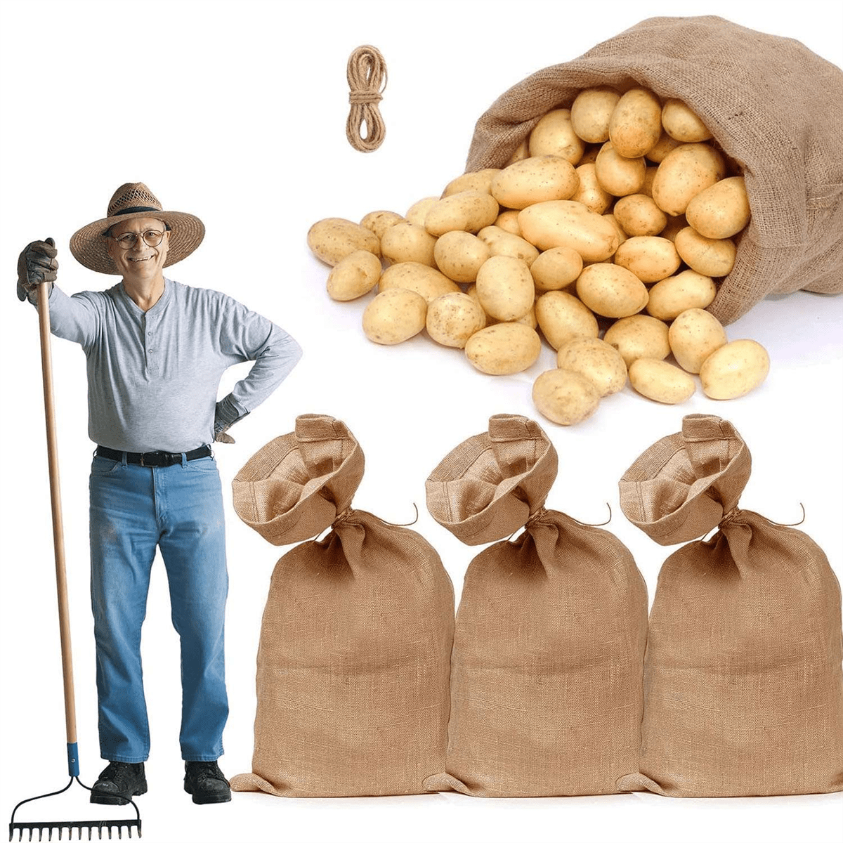 4Pcs Heavy-Duty Burlap Bags,40x24Inch Thicken Potato Storage Sacks with 32.8Ft Ropes, Reusable Potato Bags