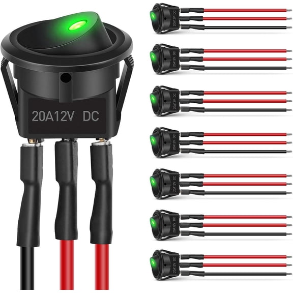Nilight 8PCS Round Rocker Switches with Green LED, 12V 24V 20A SPST 3Pin, 16AWG Presoldered Wires for Car Truck Boat