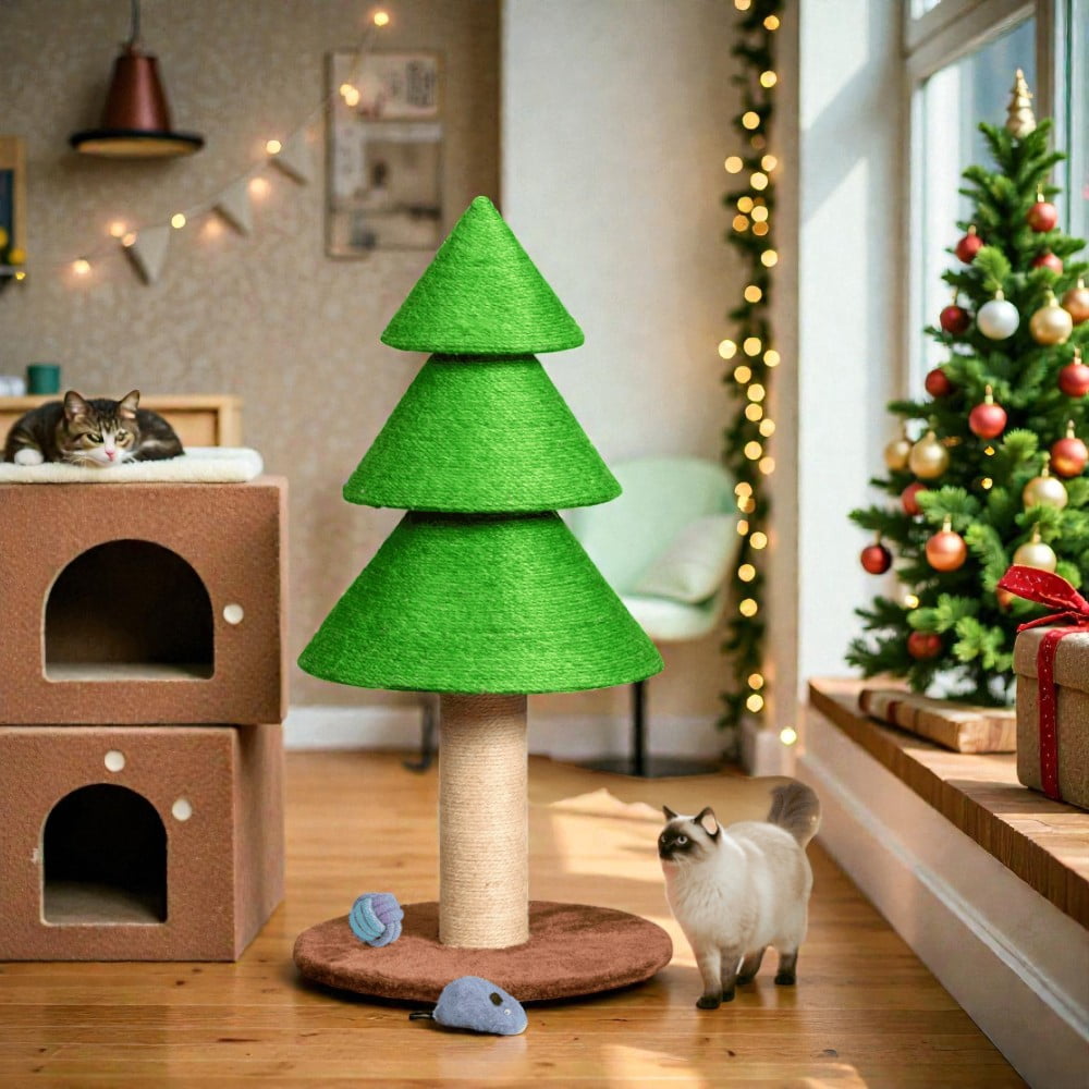 Tcbosik Christmas Cat Tree, Cat Furniture with Scratching Post, Cat Tower for Holiday Decoration, Grass Green