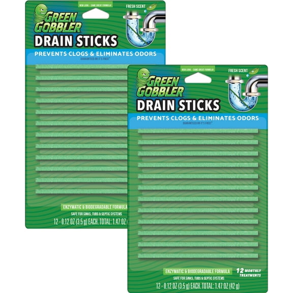 Green Gobbler Fresh Scent Drain Sticks - Prevents Clogs, Eliminates Odor,  2 Pack (24 Total) Packaging May Vary
