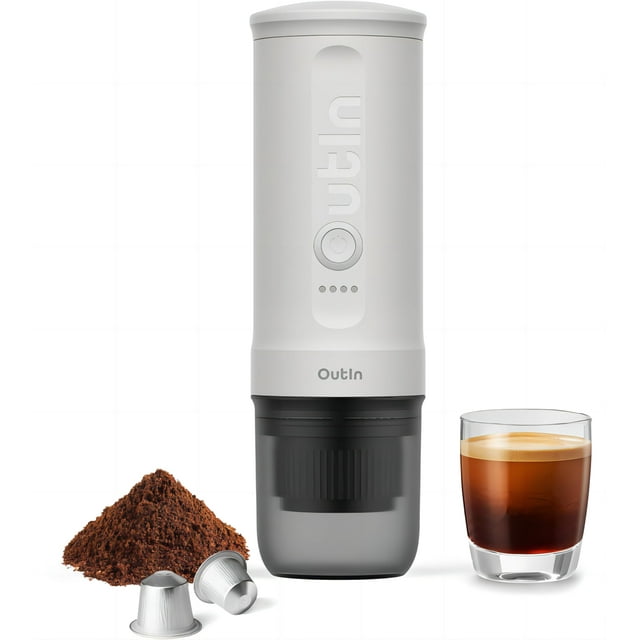 Outin Nano Máquina de café espresso eléctrica portátil, cafetera de viaje para camping, cafetera de coche autocalentable con USB-C, con café molido y cápsula NS para RV, senderismo, oficina
