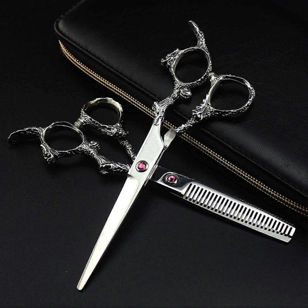 Juego de tijeras profesionales para cortar el cabello de 15 cm (6 pulgadas) de acero inoxidable, tijeras de barbero y tijeras de entresacar con estuche de cuero.