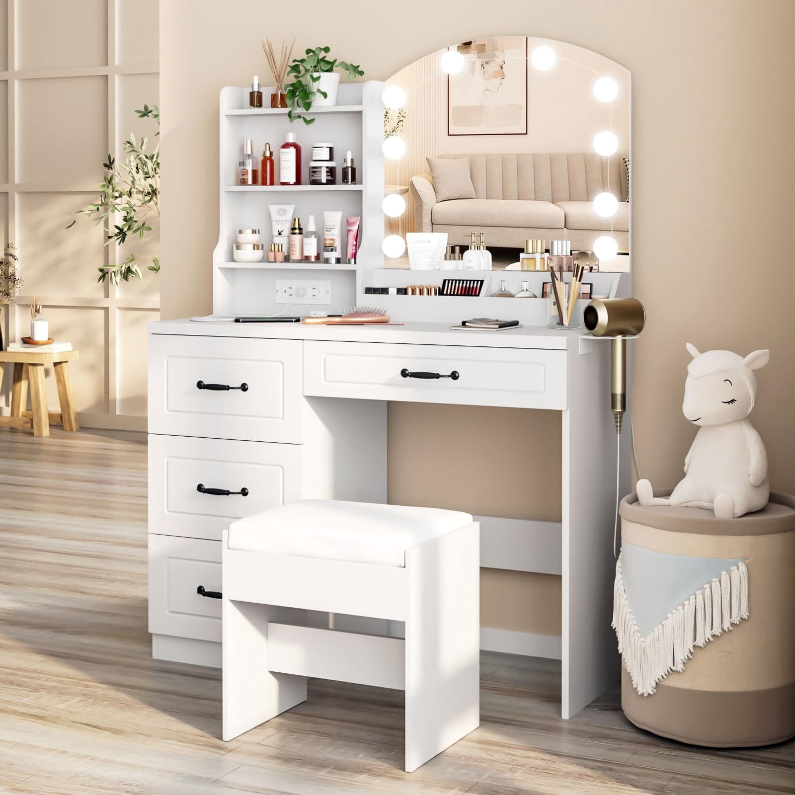 VEANERWOOD Vanity Desk Set with Lights and Power Strip,4 Drawers Vanity Set Makeup Table, 3 Lighting Colors, White