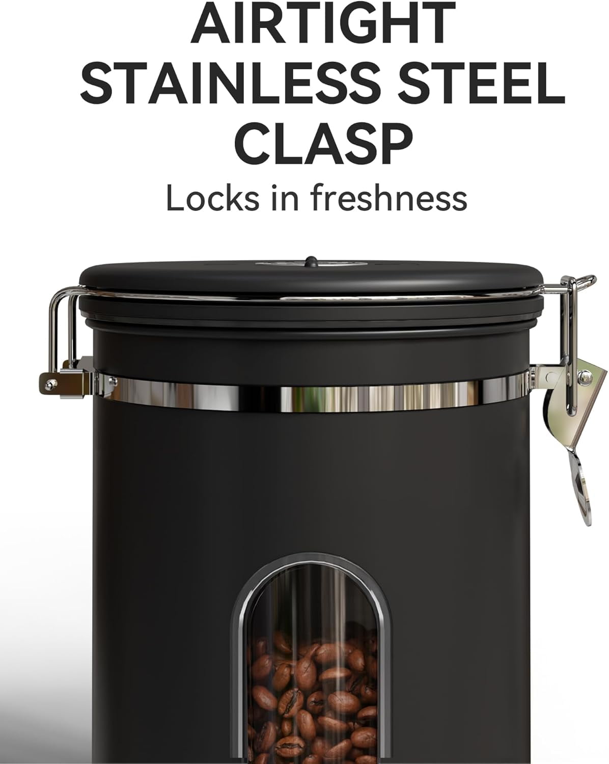 38oz Large Coffee Canister with Window, Airtight Stainless Steel, Kitchen Food Storage Container with Lids, Date Tracker and Scoop, Grounds, Beans, Rice, Tea, Flour, Cereal, Sugar Jars, Black