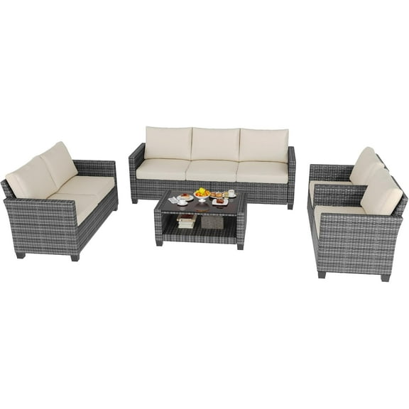 Outdoor Sectional Furniture Set,7-seat PE Wicker Rattan Patio Furniture Couch Set with Washable Cushions & Glass Coffee Table for Garden, Poolside, Backyard (Khaki)
