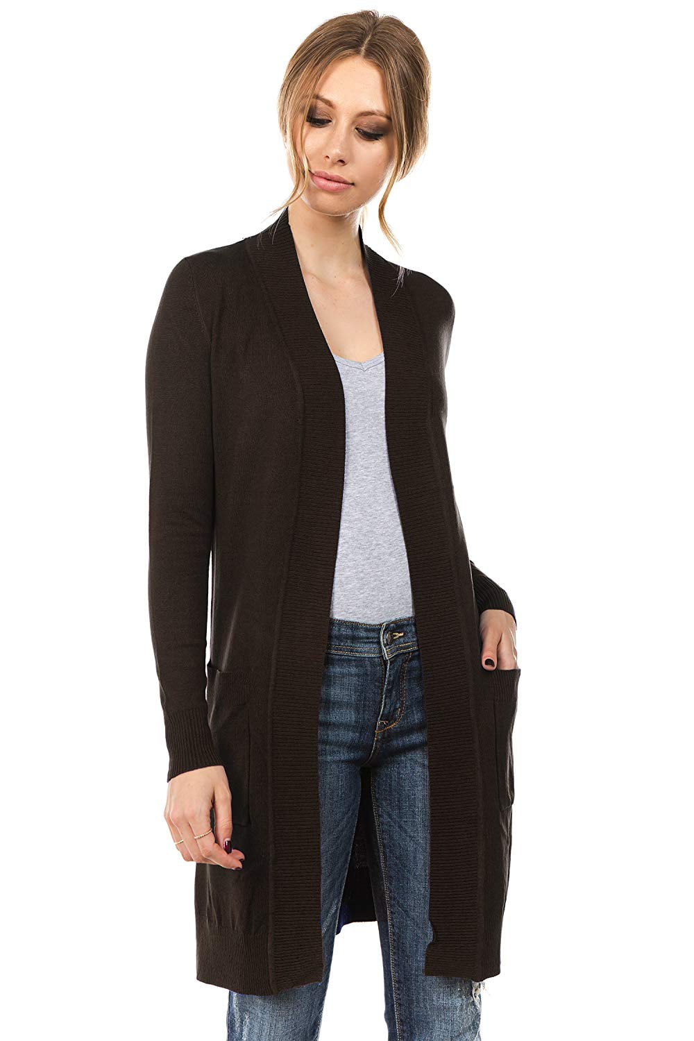 Enimay - Women's Long Sleeve Sweater Duster Cardigan Brown Size Small