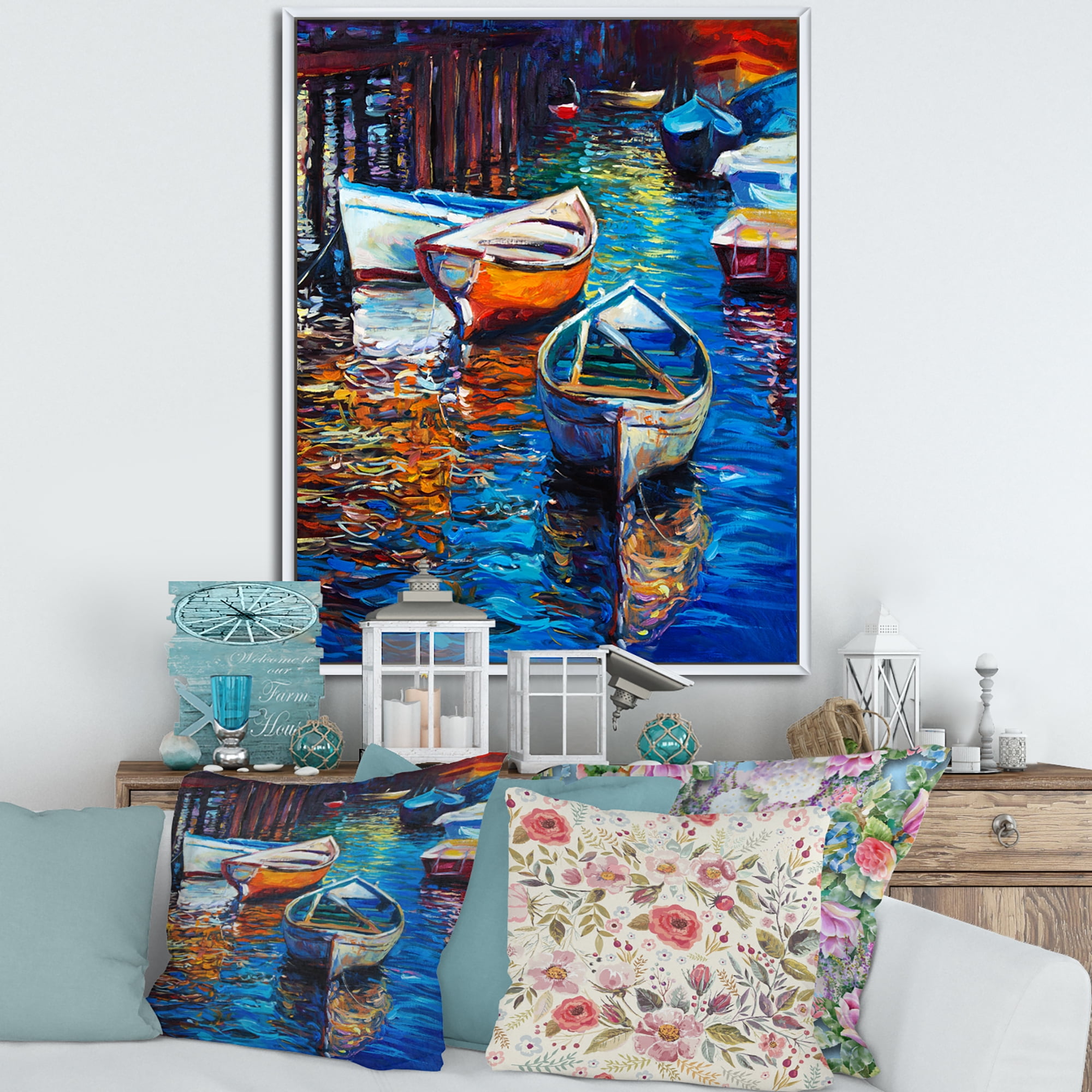 Designart 'Boats During Warm Sunset Resting On The Water X' Nautical & Coastal Framed Canvas Wall Art Print