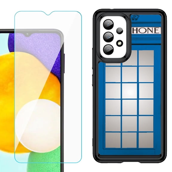 Shockproof Bumper (Black Frame) phone Case for Samsung Galaxy A23 5G, with Tempered Glass Screen Protector, by OneToughShield ® - Phone Booth Blue