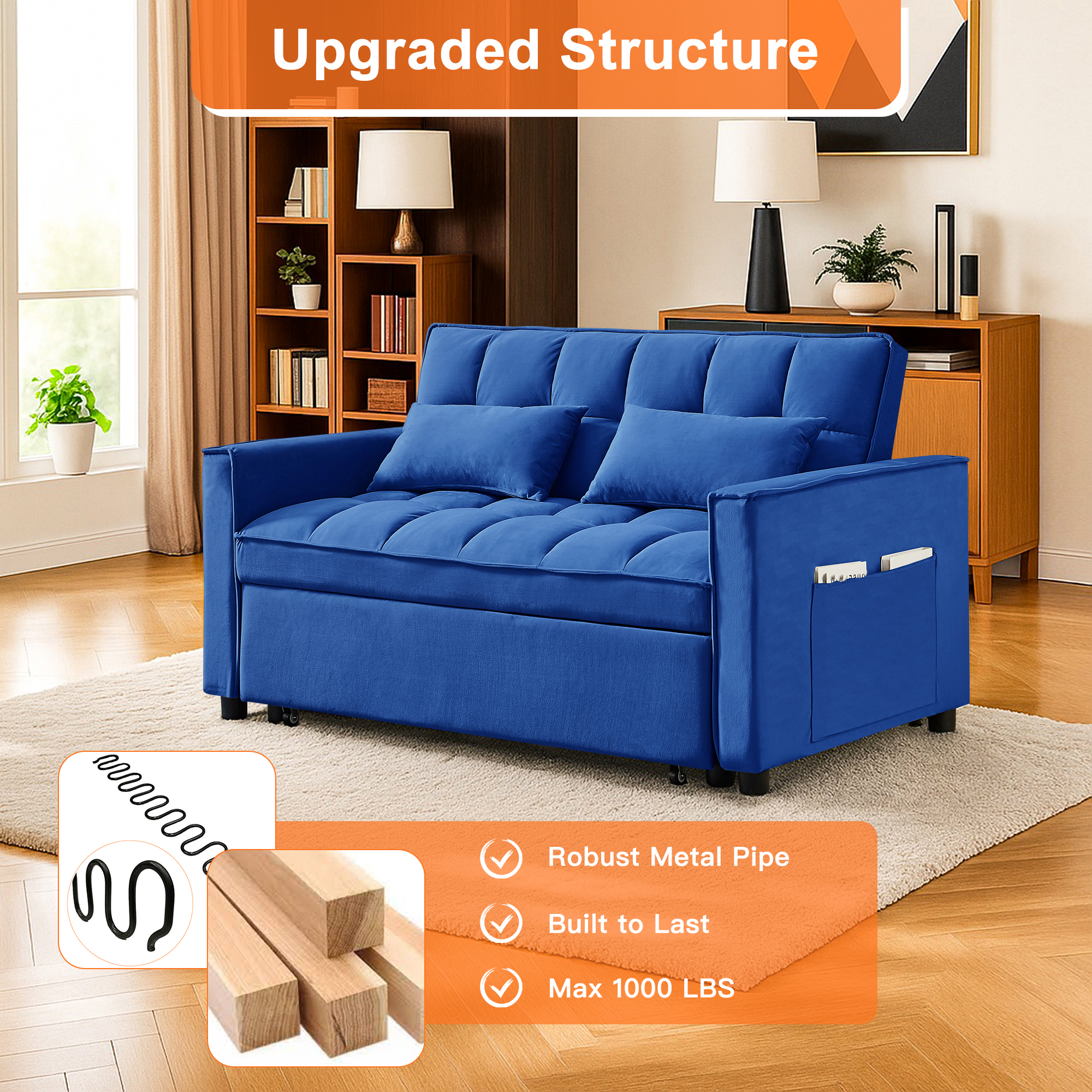 Kadyn Futon Sofa Bed, 54" Adjustable Backrest Convertible Futon Sofa for Living Room, Futon Sleeper Sofa with Side Pouch, Blue