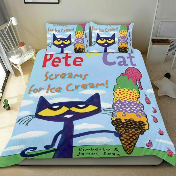 Pete el Gato Conjunto de sábanas temático, trío de piezas, cómodo y amigable con la piel, diseño único, regalo de decoración para el hogar para familiares, amigos y fans,173cm *218cm