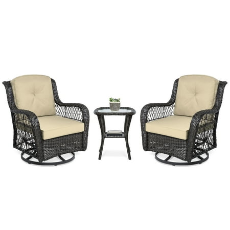 Best Choice Products 3-Piece Outdoor Wicker Patio Bistro Set with 2 360-Degree Swivel Rocking Chairs and Tempered Glass Top Side Table,