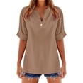 thumbnail image 1 of Blusa de mujer con cuello en V y manga corta de mezcla de lino: transpirable, sofisticada, informal/para el día a día. Tallas S-XXL. Contorno de pecho: 98-122 cm., 1 of 4