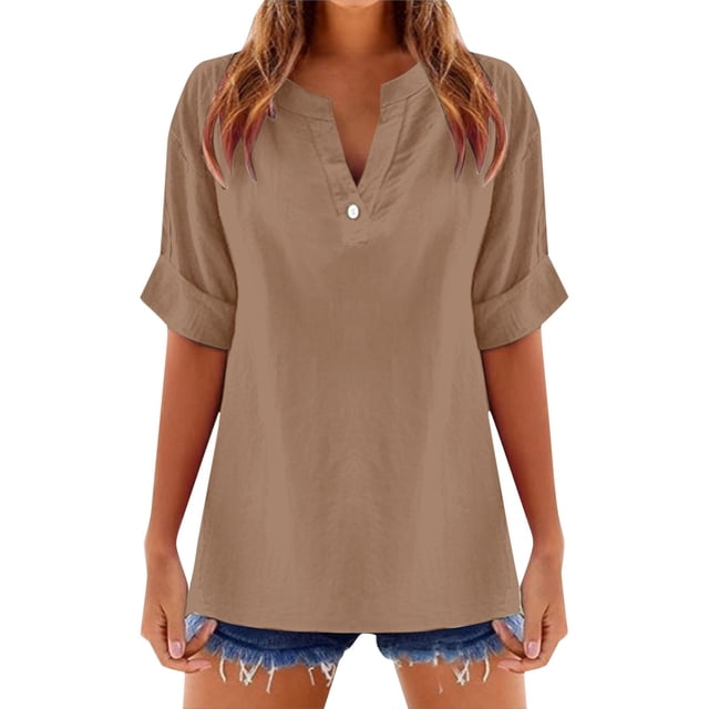 Blusa de mujer con cuello en V y manga corta de mezcla de lino: transpirable, sofisticada, informal/para el día a día. Tallas S-XXL. Contorno de pecho: 98-122 cm.
