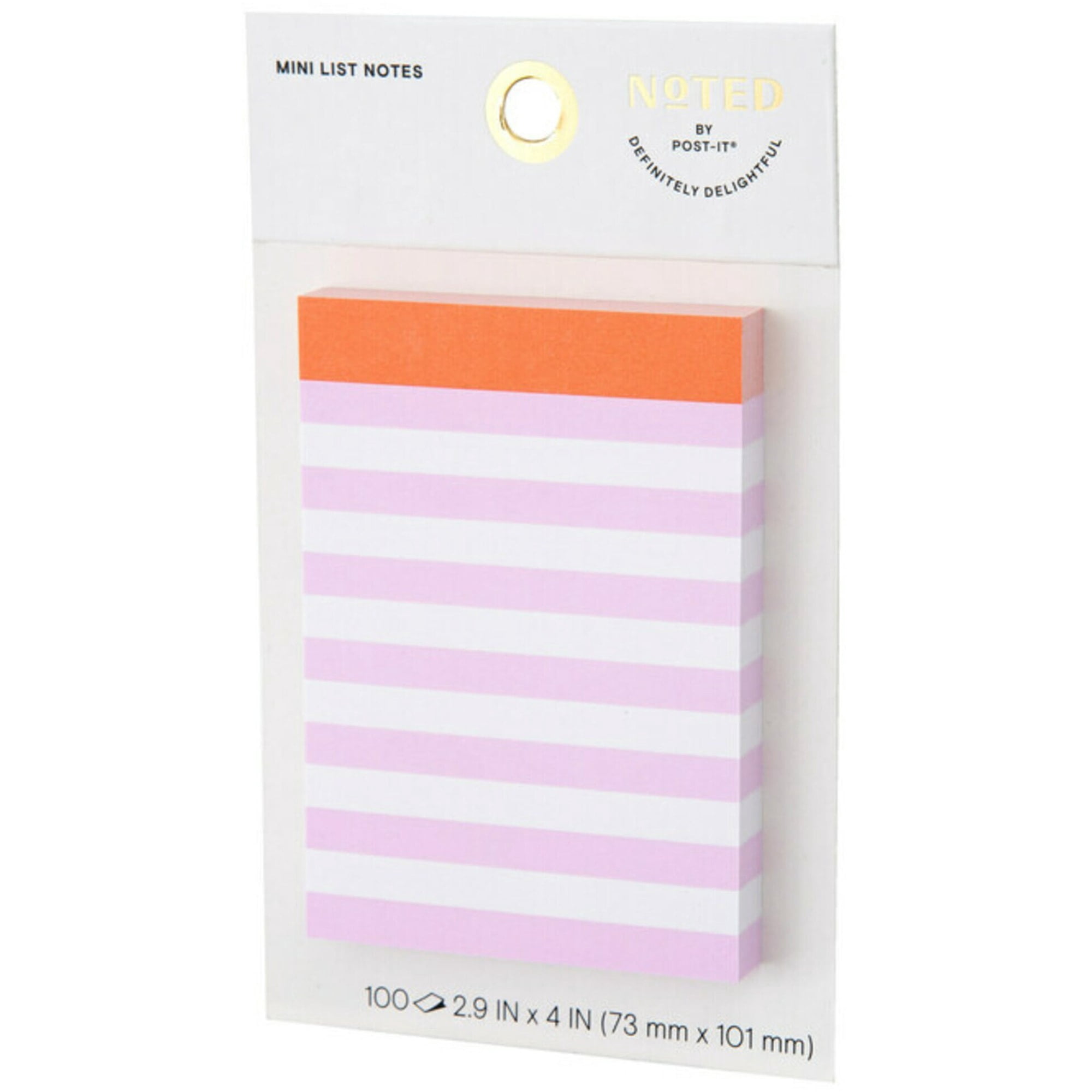 Noted by Post-it Mini List Notes, 2.9" x 4", 100 Sheets, Pink, Orange & White Striped Design