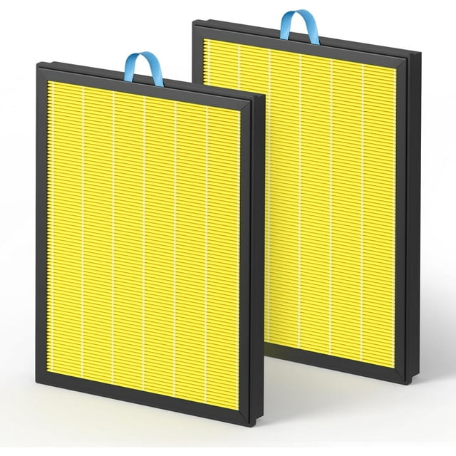 Fil-fresh 2 Pack Vital 100S Pet Care Replacement Filter, compatible with LEVOIT Vital 100S air purifier, designed for 3-in-1 H13 True HEPA and activated carbon filtration. Yellow filters with black frames and blue pull tabs, ideal for removing dust, pollen, pet dander, smoke, and odors. Perfect air purifier filters for home use. Dimensions: 12.76 x 11.52 x 1.4 inches.