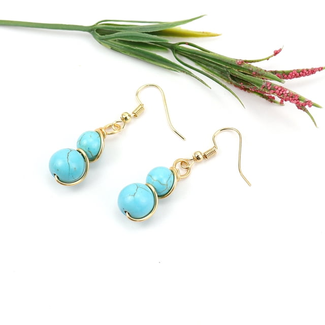 Nvzi Pendientes personalizados, cuentas redondas de piedra de cristal hechas a mano, pendientes envueltos en alambre de cobre dorado, pendientes de temperamento con cuentas (azul claro)