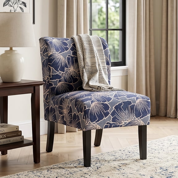 Roundhill Furniture Capa Print Fabric Armless Contemporary Accent Chair, Indigo Botanical Floral
