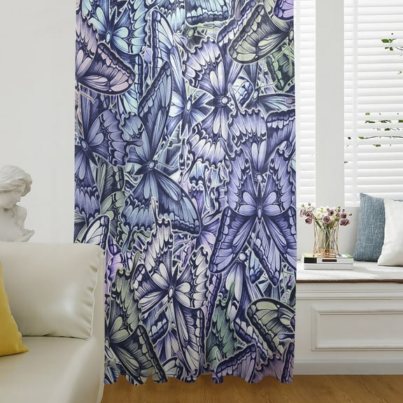 Purple Blue Teal Butterfly Semi Sheer Curtains Drapes for Living Room, Bedroom, French Doors Window 84 Inches Long, Modern Abstract Art Rod Pocket Chiffon Curtain Drapery Voile Draperies Panel
