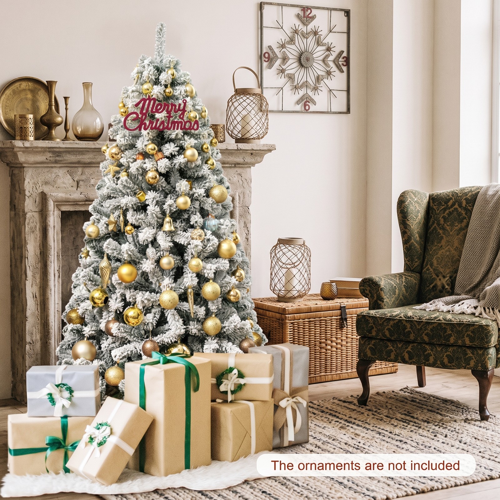 RUIE 6 FT Artificial Christmas Tree, Snow Flocked Hinged Full Xmas Tree with Metal Stand, 600 Branch Tips PVC Holiday Tree for Home Apartment Party Indoor, White