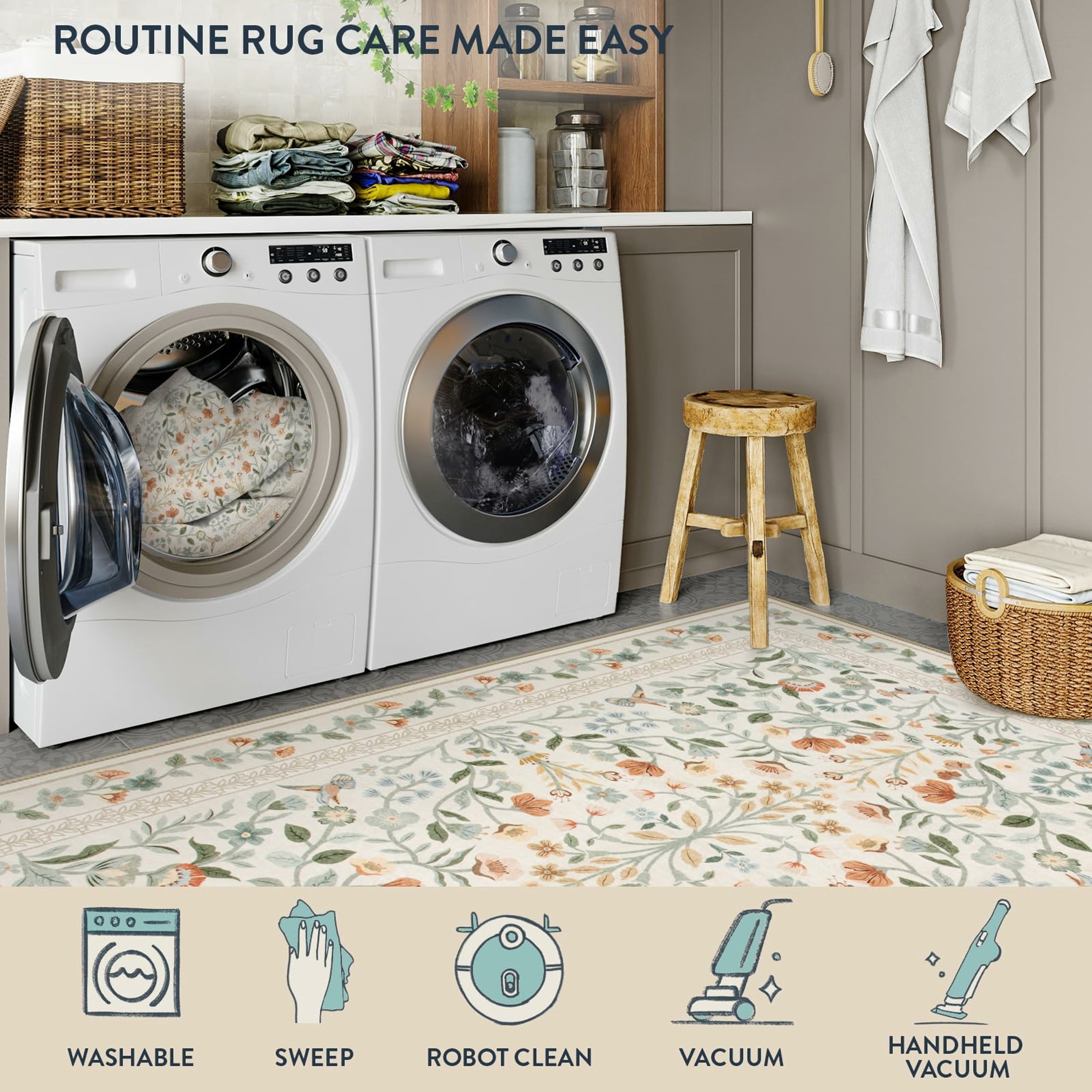 Moynesa 9'x12' Floral Area Rugs for Living Room, Washable Large Vintage Botanical Rugs for Bedroom, Soft Non Slip Cottagecore Flower Accent Carpet for Dining Room Dorm Apartmen, Beige
