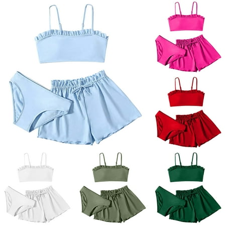 2025 New Toddler Girl s Girls Swimsuits 3 Piece Swimsuits Soild Swimsuits Cover Up for Girls Bikini Rullfe Bathing Suit Long