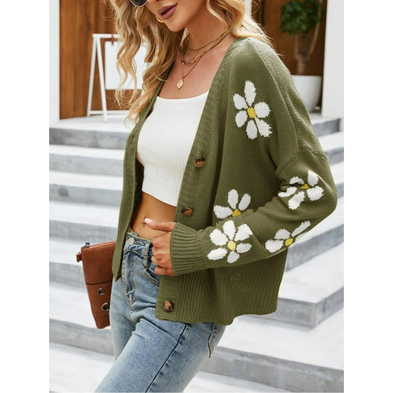 AMILIEe Women V Neck Flower Print Long Sleeve Open Front Knit