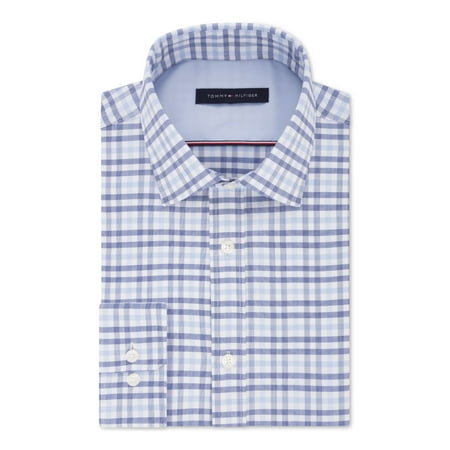 TOMMY HILFIGER Mens Blue Check Collared Classic Fit Stretch Dress Shirt XL 17.5- 34/35