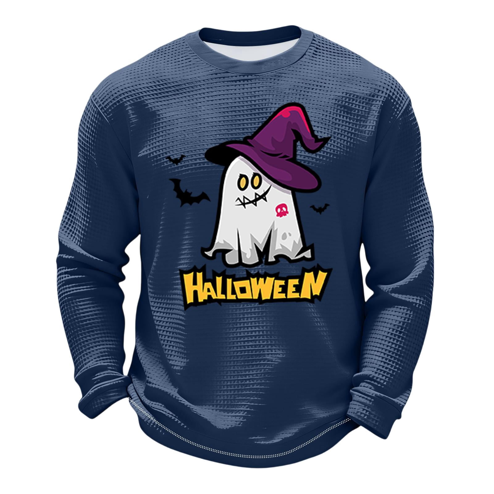 Hearthz S-5XL Ghost Jack-O Bat Print Big and Tall Sweatshirts for Men Waffle Knit Men's Dress Shirts Long Sleeve Halloween Fall Lightweight Pullover Men