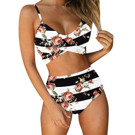 IDALL Bikini Sets Bathing Suit Women Criss Cross High Waisted String Floral Printed 2 Piece Bathing Swimsuit Thong Bikini Sets High Waisted Bikini Sets Sexy Bikini White XL