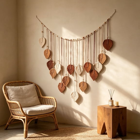 Large Macrame Wall Hanging Boho Woven Tapestry Chic Home Decor Wall Art | Modern Bohemian Handmade Leaf Feather Decorations for Apartment Living Room Bedroom Backdrop 29.5"W X 47.2"L