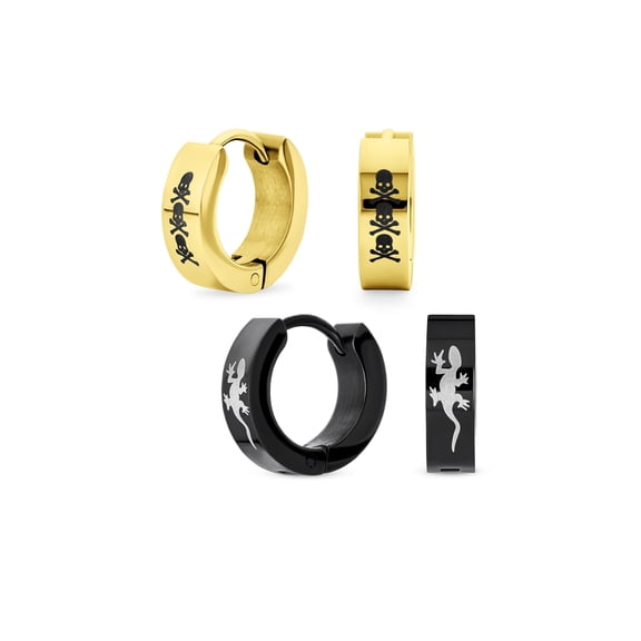 Bling Jewelry Mens Set of 2 Angel Wings Gecko Lizard Hoop Huggie Earrings Black Gold Plated Steel