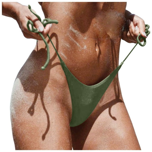 GEWSEY Bikini Bottoms for Women String Bathing Suit Bottom with Moderate Coverage Low Waist Swim Bottom Army Green, L