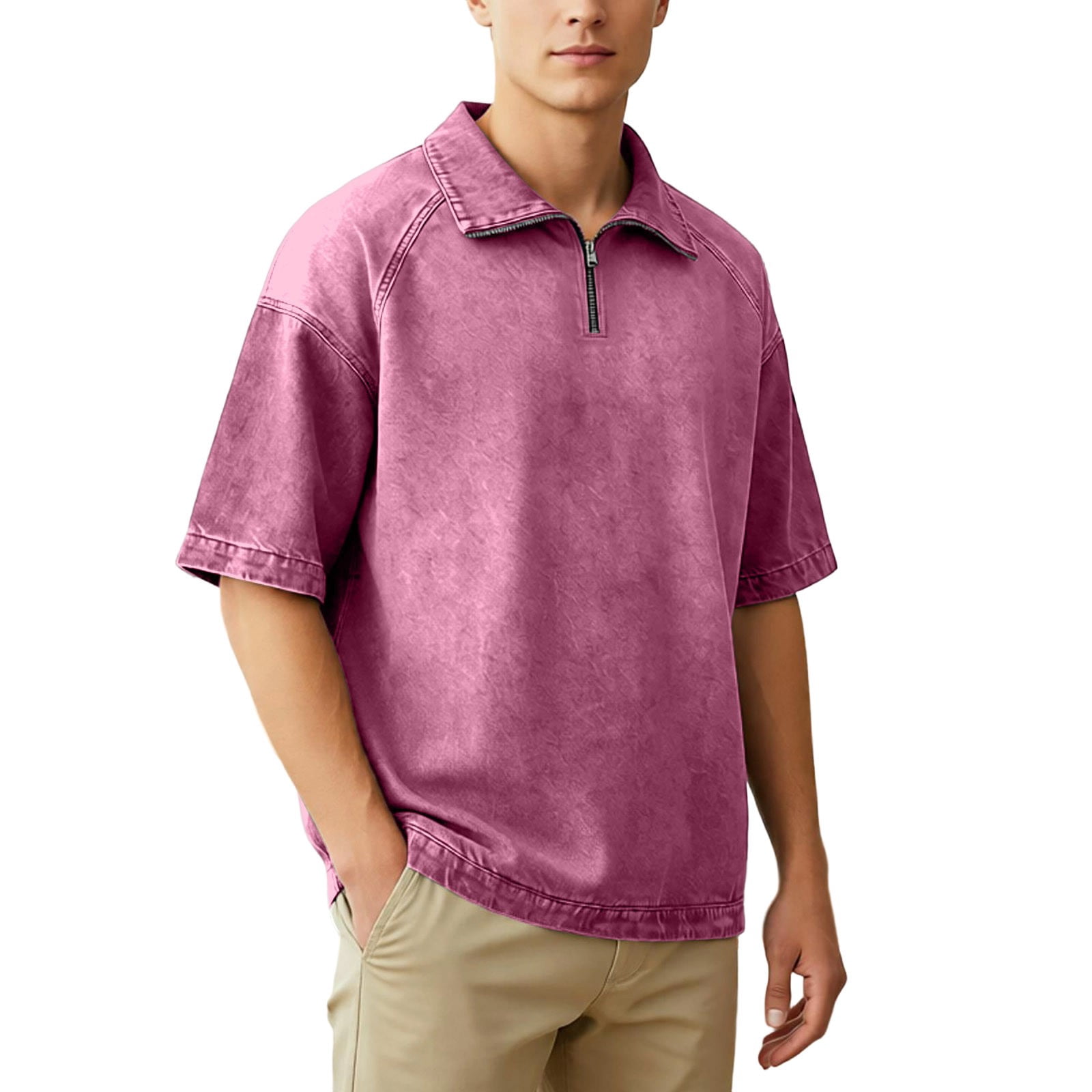 Rhuody T Shirts For Mens Adult Referee Shirt V Neck Striped Sweatshirt Short Sleeved Top Trend Clothing Pink L