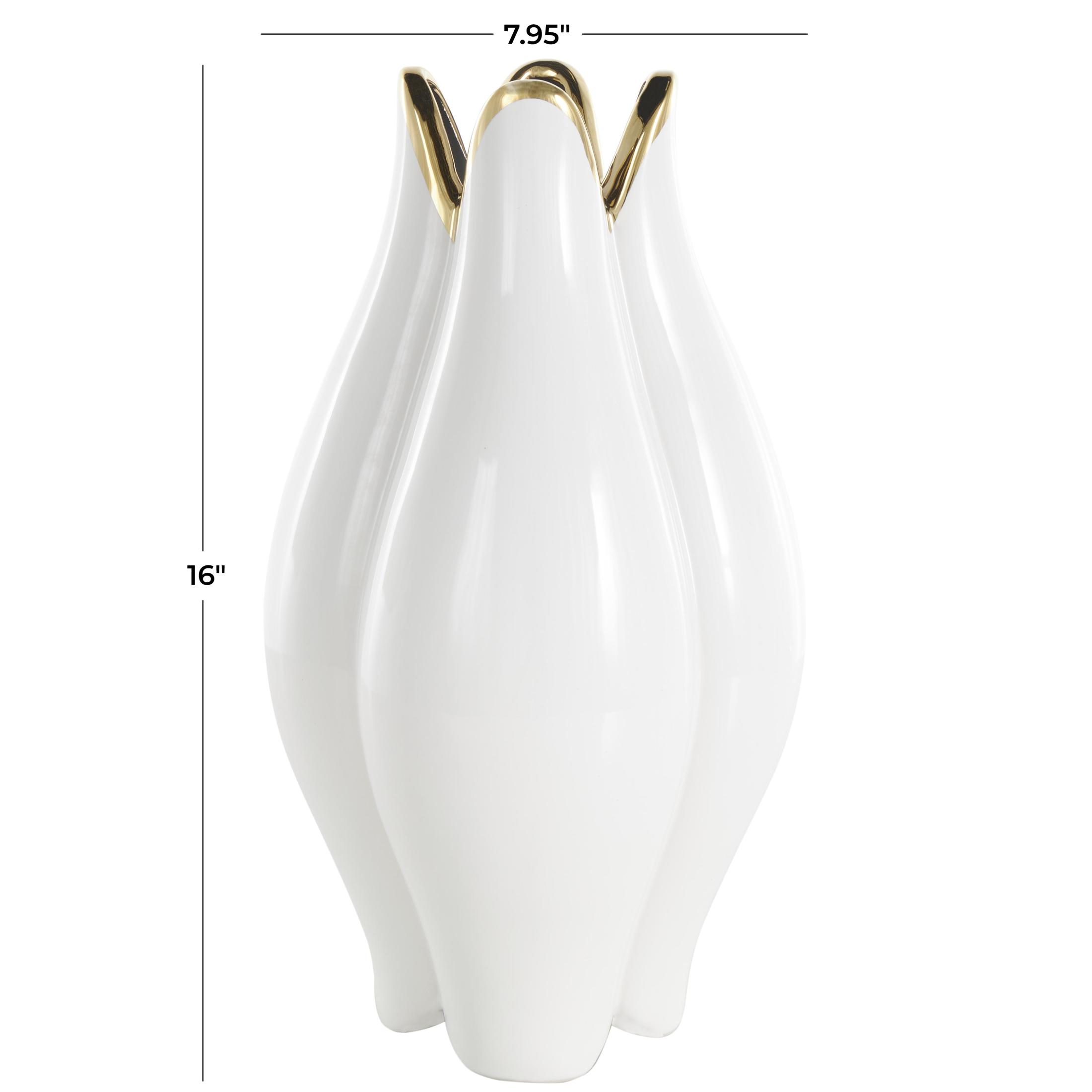 DecMode 16" Floral Dimensional Shaped White Ceramic Vase with Metallic Gold Rim